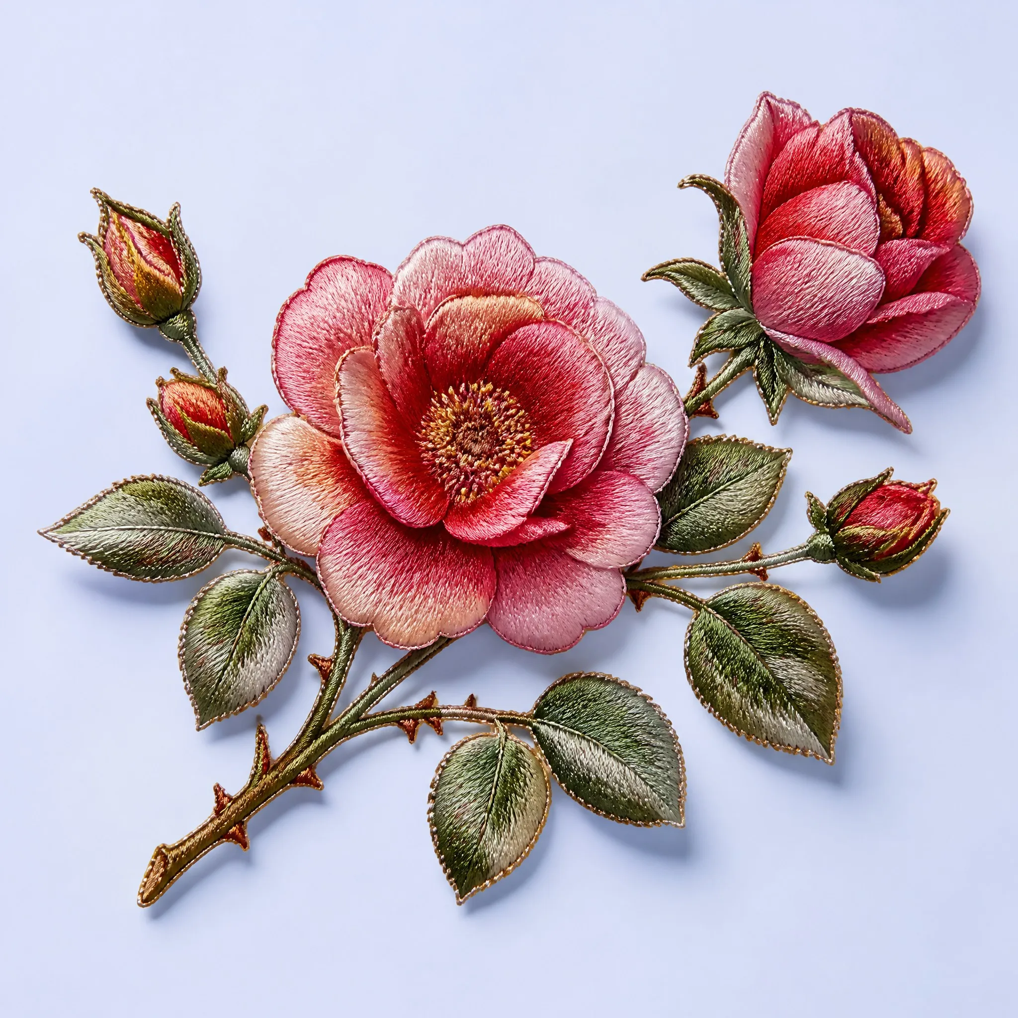 Vintage English Rose Branch Embroidered Patch with Dusty Pink Blossoms, Golden Yellow French Knot Stamens, Buds and Olive Leaves