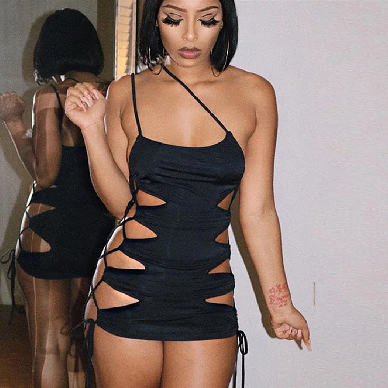

GIMILY Sexy Hollowed out Binding Party Casual Night Club Evening Dresses Women Sleeveless Sheath Tight Black Bodycon mini Dress