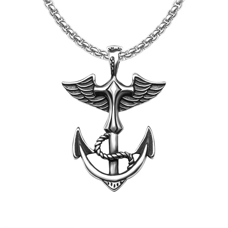 

JUHU 2021 New Cool Pirate Wing Cross Anchor Necklace Men's Retro Titanium Punk Cross Pendant