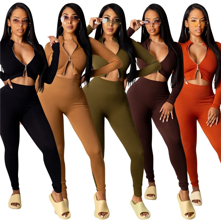 

Solid Ribbed Stretchy Zipper Long Sleeve Crop Top and Skinny Pencil Legging Women Two Piece Sets Streetwear Autumn Slim Outfits, As picture
