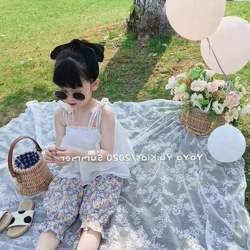 

2020 hot sale summer new lace sling top plus flower cropped trousers bohemian floral girl clothes