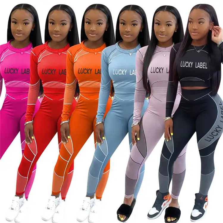 

Casual Lady 2 Pcs Patchwork Letter Print Tight Sweatsuit Sexy Plus Size Fall Women Two Piece Set, Picture