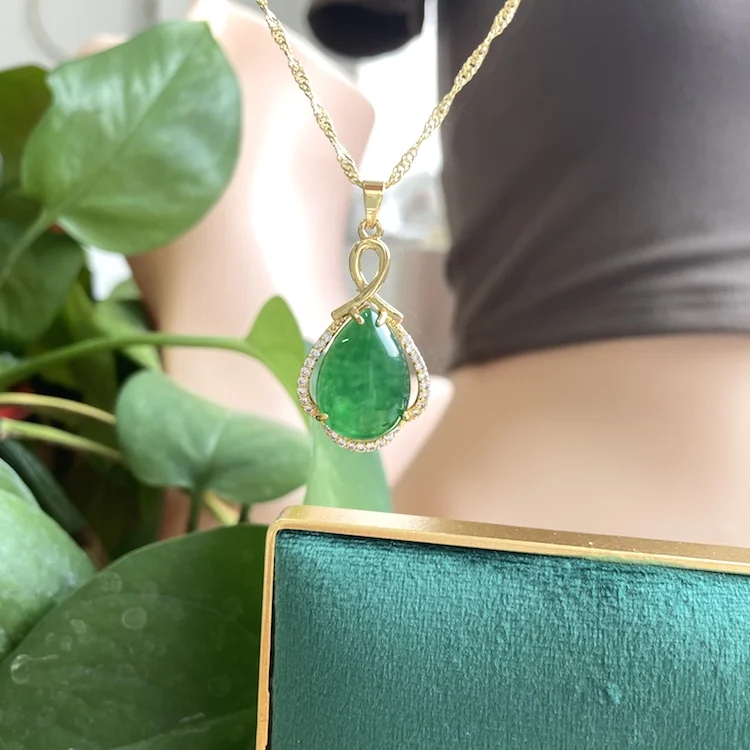 

jialin jewelry Fashion women's droplet drop jade pendant brass droplet chain necklace, Picture shows