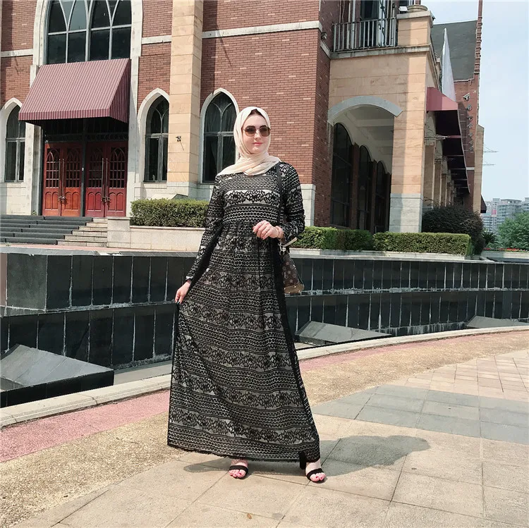 

Islamic muslim long sleeve black lace evening maxi dress
