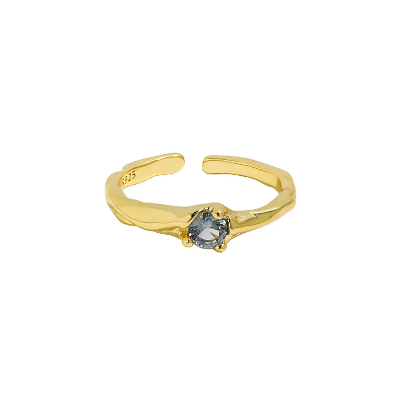 

New Arrival 18K Gold Plated Irregular Ring 925 Sterling Silver Texture Blue Cubic Zirconia Open Ring