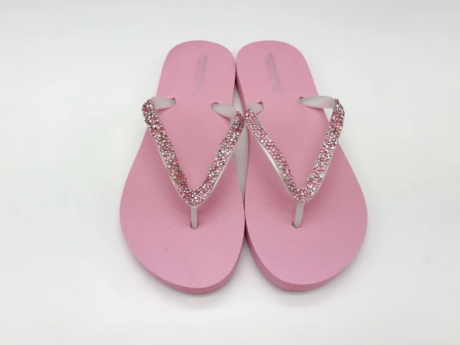 Custom Logo Diamond Women Ladies Wedge Sandal Slipper Cheap Beach PVC Strap Flip Flop