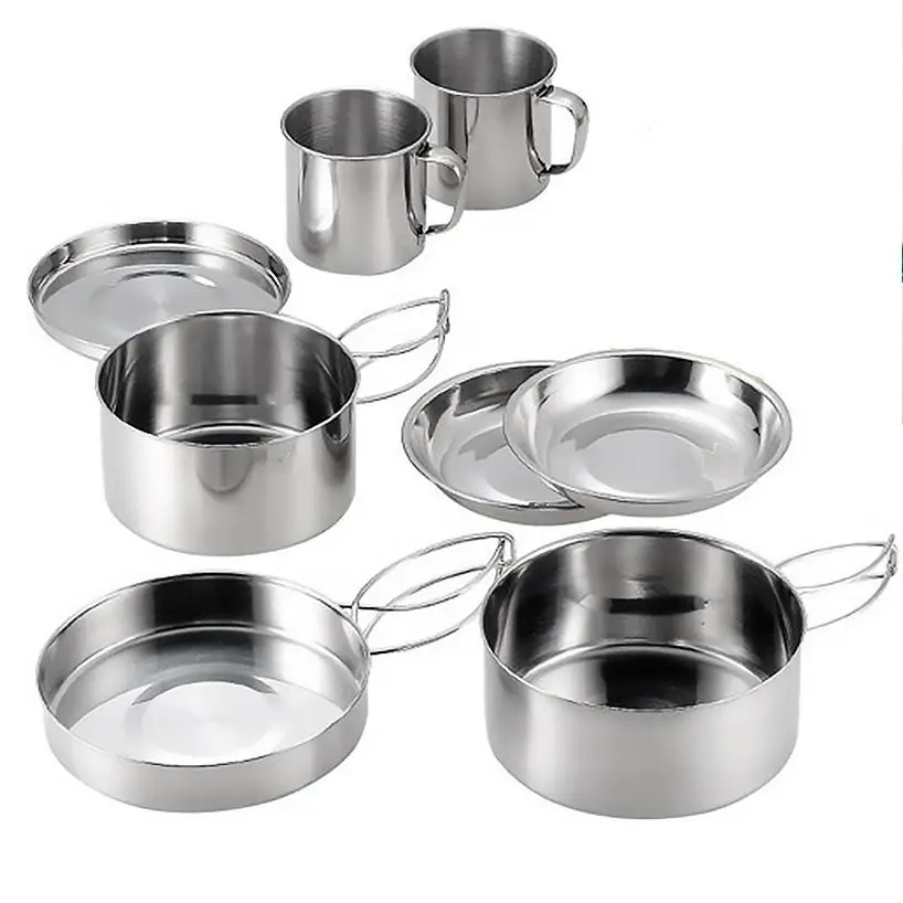 

Outdoor 8 pieces Camping Stainless Steel Cookware Set Portable Backpacking Barbecue Pots Picnic Bowl Cookware Camping Pan Sets, Silver