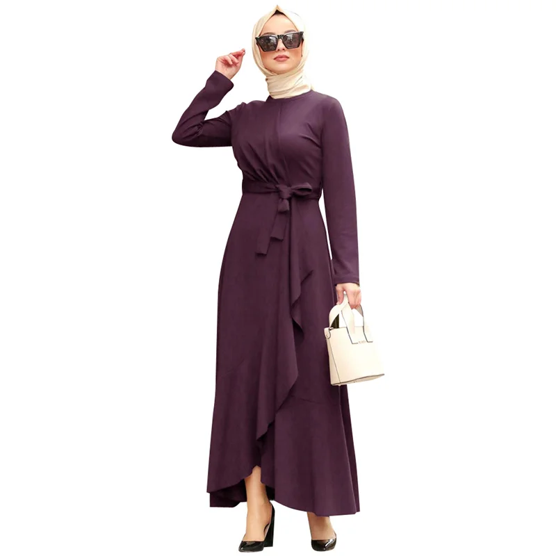 

Fast Dispatch Stylish Women Muslim Dress Solid Color Irregular Ruffled Lace-Up Middle East Dubai Long Abaya