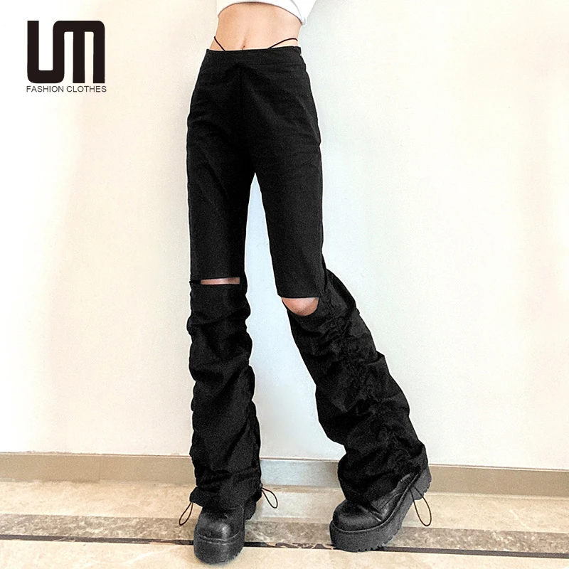 

Liu Ming Latest Design Korean Style Women Clothing Gothic High Waist Cut Out Joggers Drawstring Pants, Customized color