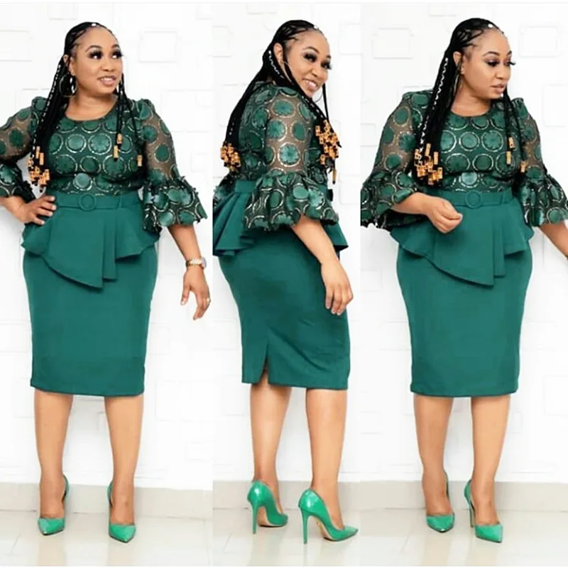 

2020 Africa fashion women's embroidered sequins flower trumpet sleeve middle sleeve top + Half skirt suit Europe and America, As showed