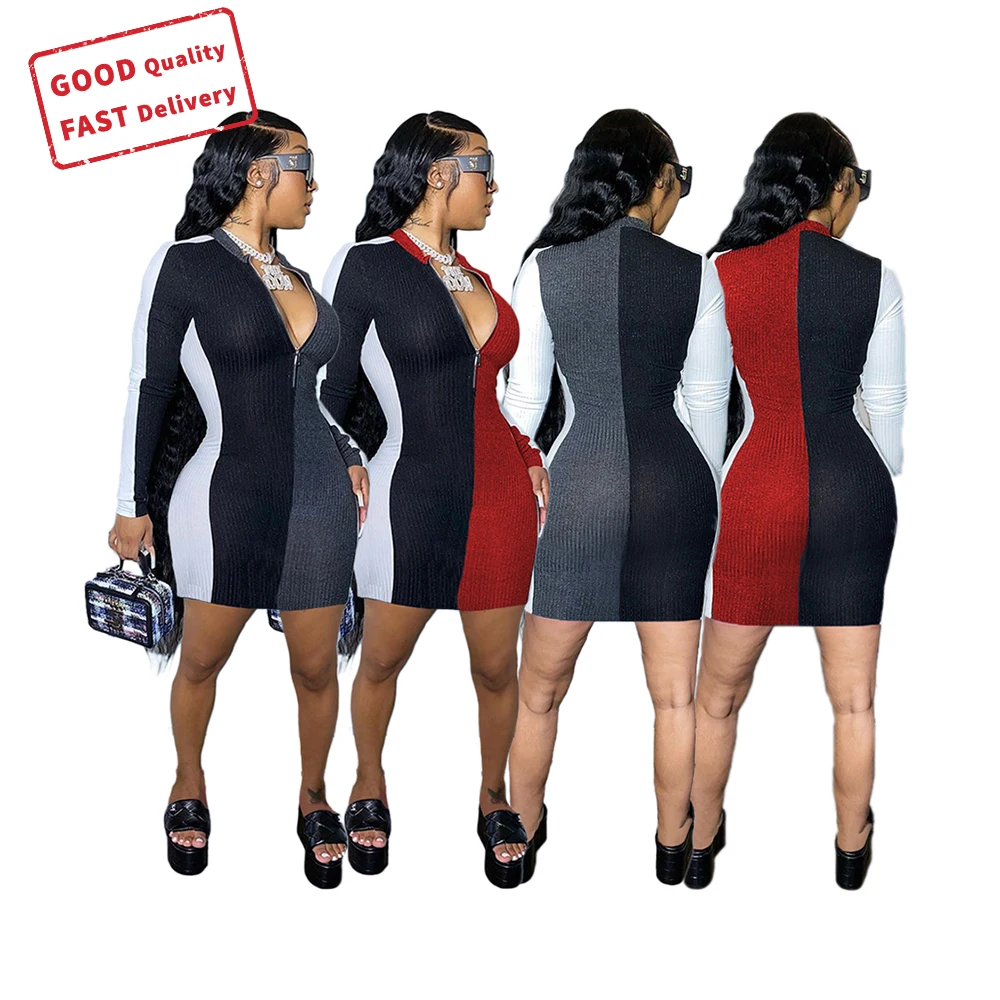 

GQ0984 fall winter ladies dress color matching zipper tight long sleeved plus size mini fashion sexy women dress, Picture color
