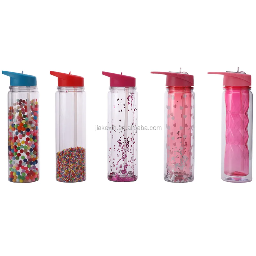 

Double wall insulated slim glitter water bottle recyclable as material translucent plastic water bottle with PE straw, Any color is available