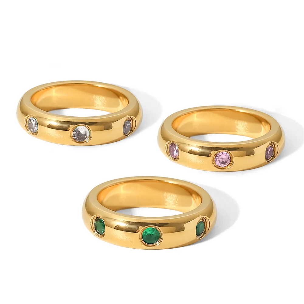 

Vintage 18K PVD Gold Plated Zircon Rings Stainless Steel Paved Green Pink Zircon Finger Ring