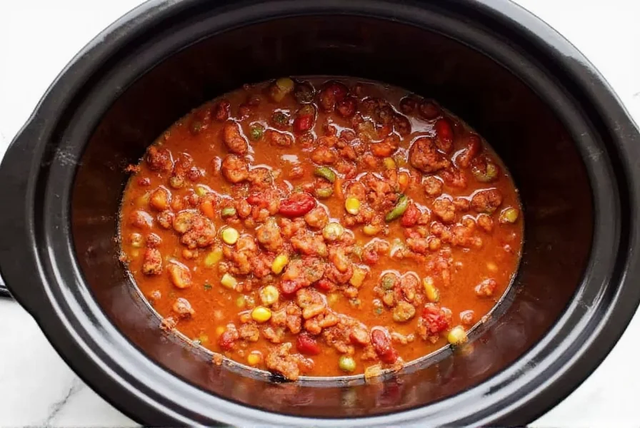 Crockpot filled with chili ingredients before cooking with label showing minimal prep time