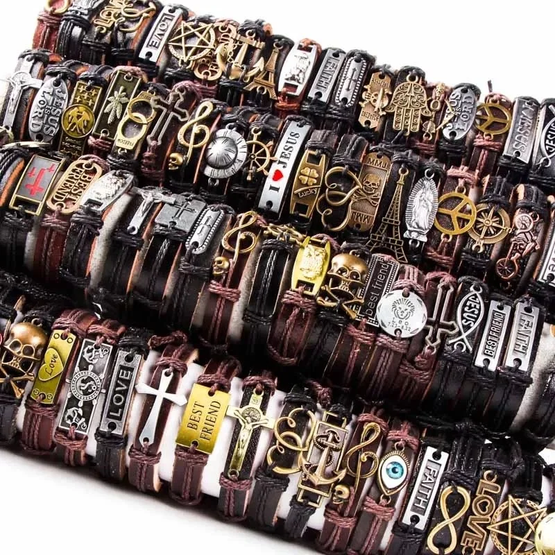 

2020 wholesale vintage lots 50 different alloy pendent /pack mix styles genuine leather bracelets men's women's jewelry party g