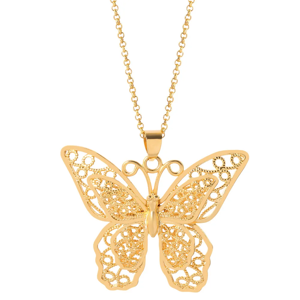 

Butterfly Statement Necklaces Pendants Woman Chokers Collar Water Wave Chain Bib 24K Yellow Gold Filled Chunky Jewelry, Gold,silver