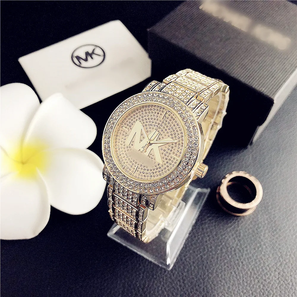 

2019 new light luxury crystal diamond simple trendy fashion exquisite electronic watch men's steel belt watch multiple colors, Gold