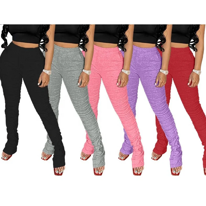 

stacked pants for woman drape joggers 5 colors ladies Solid color stacked leggings with ruched sides stacked sweatpants women, Red, gray, black, pink, purple