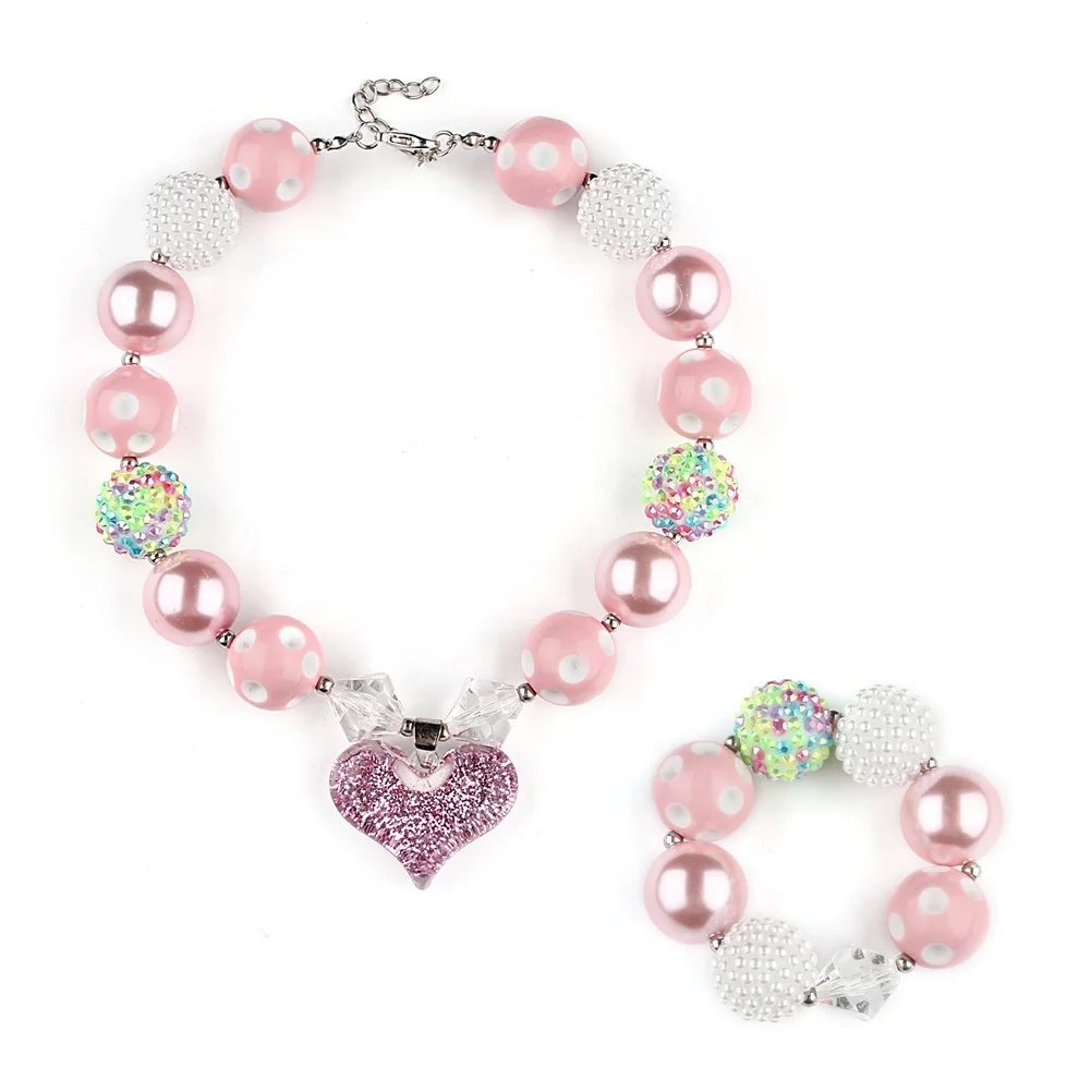 

2020 New Style Girl Valentine's Day Jewelry Gift Love Pink Heart Pendant Chunky Bubble Gum Necklace For Kids, As picture