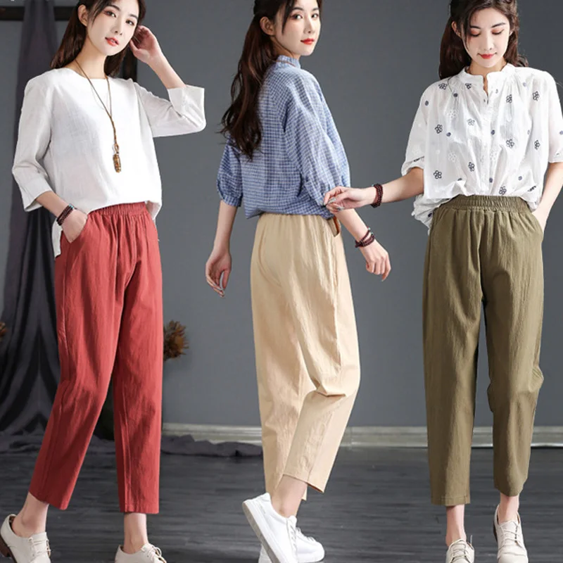 

Five Colors Sixe Sizes Choice Organic Cotton And Linen Trousers Women Spring and Summer Thin High-waisted Loose Straight Pants, Grey blue brick red apricot army green black