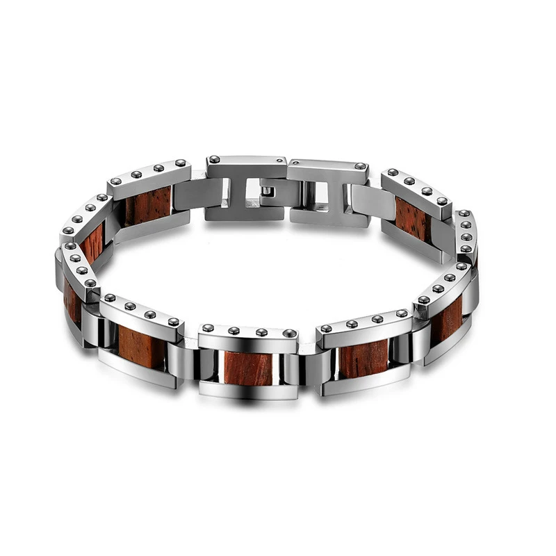 Newest 2022 Customized Logo Chain 316L Bangle Men Stainless Steel Wood Bracelet