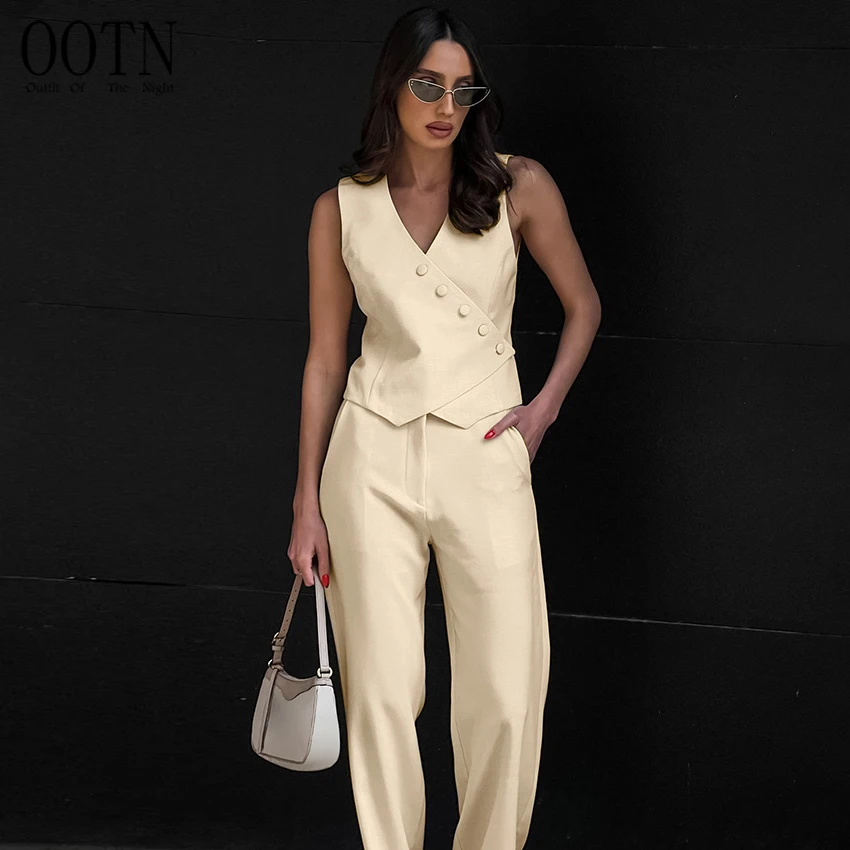 

OOTN Cotton Linen Outfits Women 2023 Summer Sleeveless V Neck Shirt Pleated Long Pants Two Piece Sets Black Button Up Tops Suits