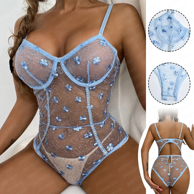 

Private Label One Piece Women'S Sexy Porn Pastel Blue Mesh Teddy Lingeries Embroidered See Through Bodysuits Lingerie For Women, Light blue