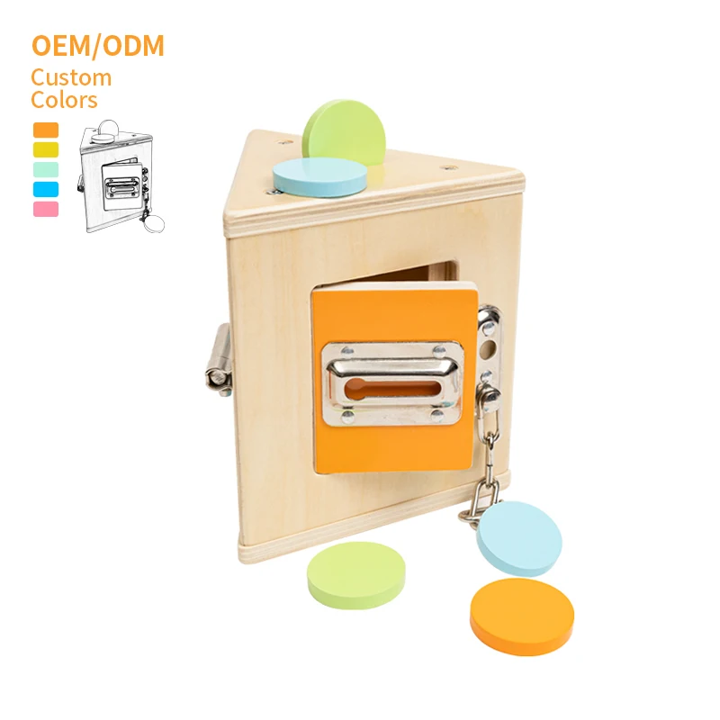 

Toddlers Montessori Mechanisms Educational Learning Play Toys Busy activity latches Board Wooden Lock Box with Storage Key