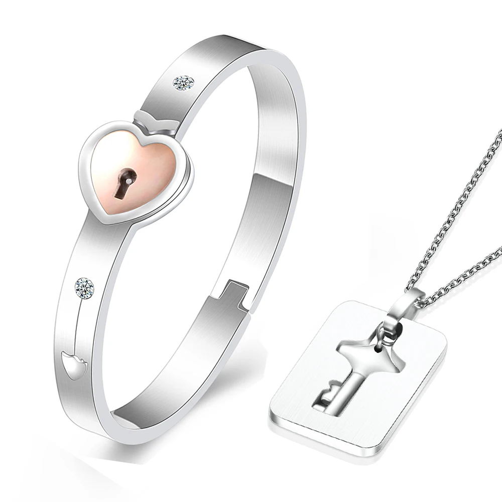 

Classic Silver Stainless Steel Love Heart Lock Bangles Key Pendant Necklace Couples Jewelry Set