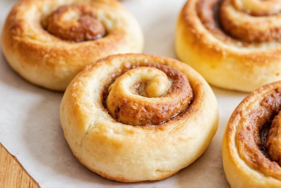 Step-by-step preparation of cinnamon rolls using crescent roll dough showing unrolled triangles, cinnamon sugar filling, and rolled shape before baking