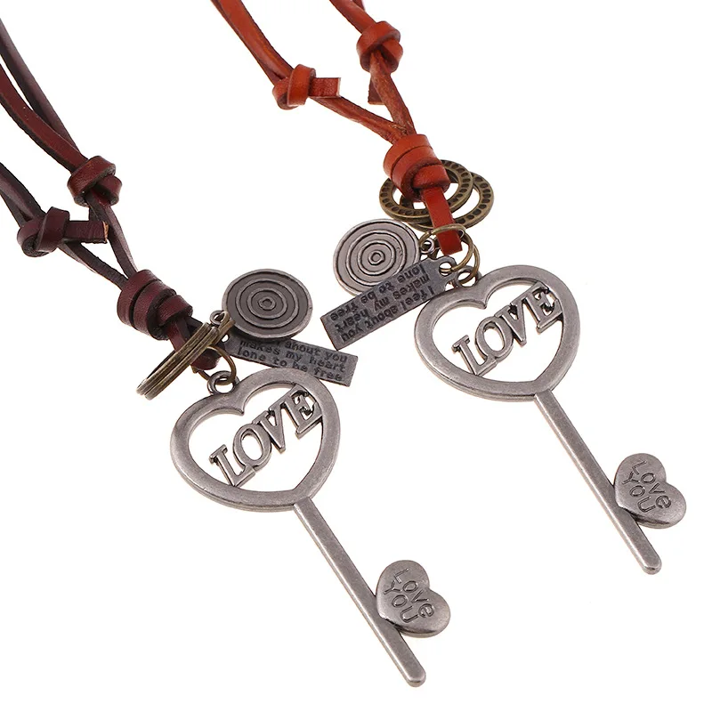 

Engraved Leather Cord Key Heart Pendant Necklace Adjustable String Chain Necklaces For Women Men Jewelry gift