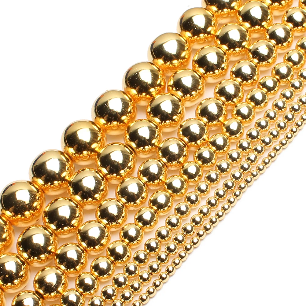 

Wholesale 15inch Round 2/3/4/6/8/10mm 18K Gold Plated Hematite Stone Beads For Jewelry Making