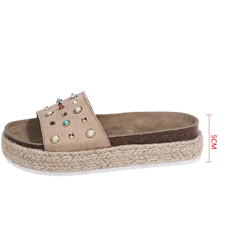 

Plain color diamond studded platform women slides sandals summer flat beach shoes for women