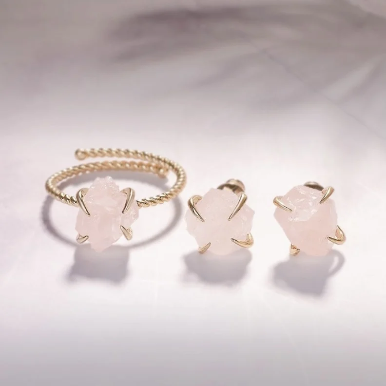 

LS-A3472 Handmade natural Gemstone Raw Stone Ring earring set, Crystal rose quartz Gold plated Ring High Quality Adjustable Ring