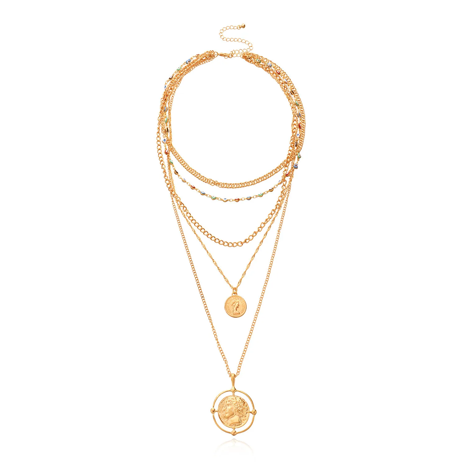 

2021Cuban Link Necklace Pendant With Carved Coin Women Vintage Multilayer Necklace