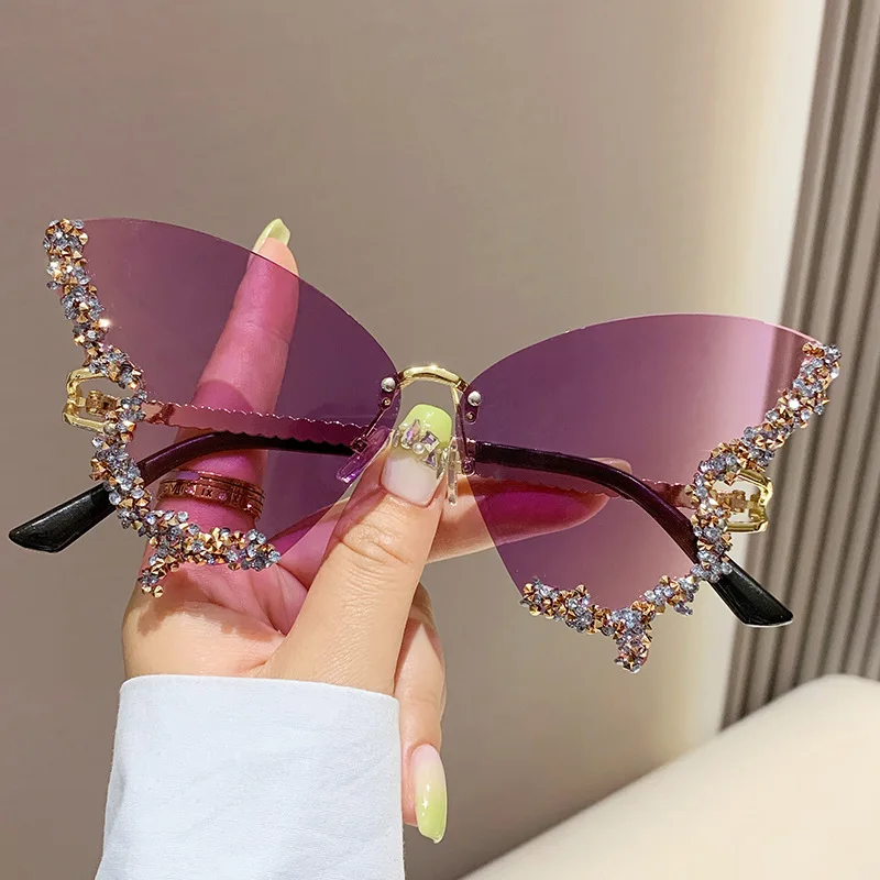 

New Butterfly Shaped Diamond Rimless Sun glasses Female Eyewear Fashion Personality Exaggerated Shiny Sunglasses Solbriller