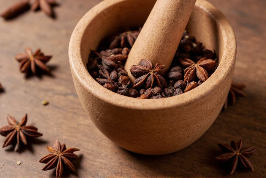 Traditional mortar and pestle with anise seeds being ground, showing the aromatic release of essential oils