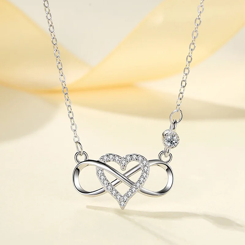 

VANA Romantic Women Rhodium Plated Lovers White Mini Zircon Infinity 925 Jewellery Pendant Sterling Silver Heart Necklace