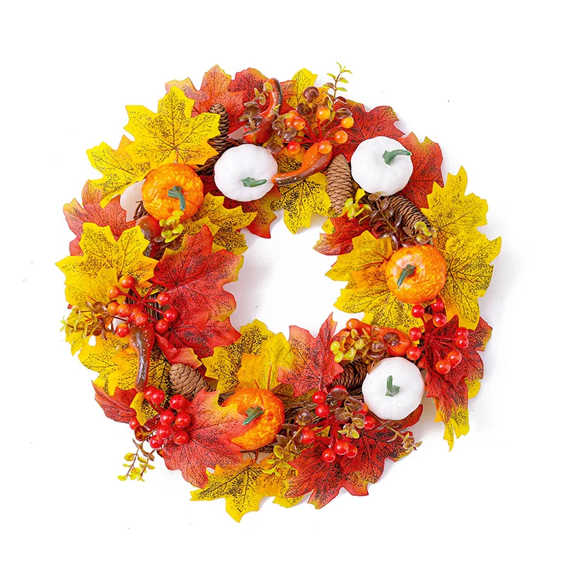 

Halloween autumn pumpkin wreath door hanging harvest festival maple leaf vine circle bar decoration wreath props