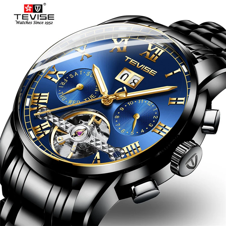 

Luxury Brand Business Watches Tevise 9005 C Male Tourbillon Mechanical Men Classic Black Stainless Steel Wrist Automatic Watch