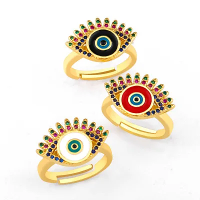 

2020 New Gold Plated Colorful Cubic Evil Eyes Ring Micro Pave Rainbow Crystal Rhinestone Open Adjustable Evil Eyes Ring