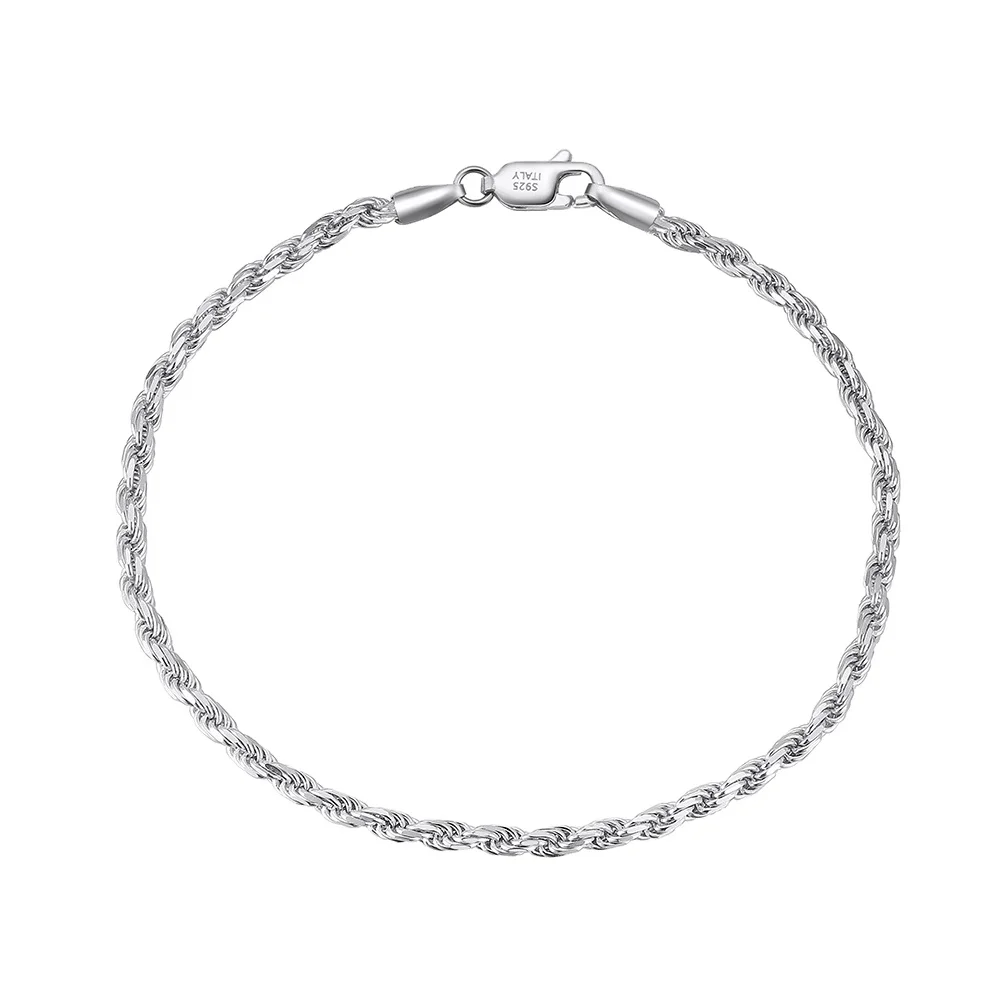 RINNTIN SB102 Hot Sale Trendy Jewelry Rhodium Plated Twisted Rope Chain Bracelet for Women Men 925 Sterling Silver Bracelets