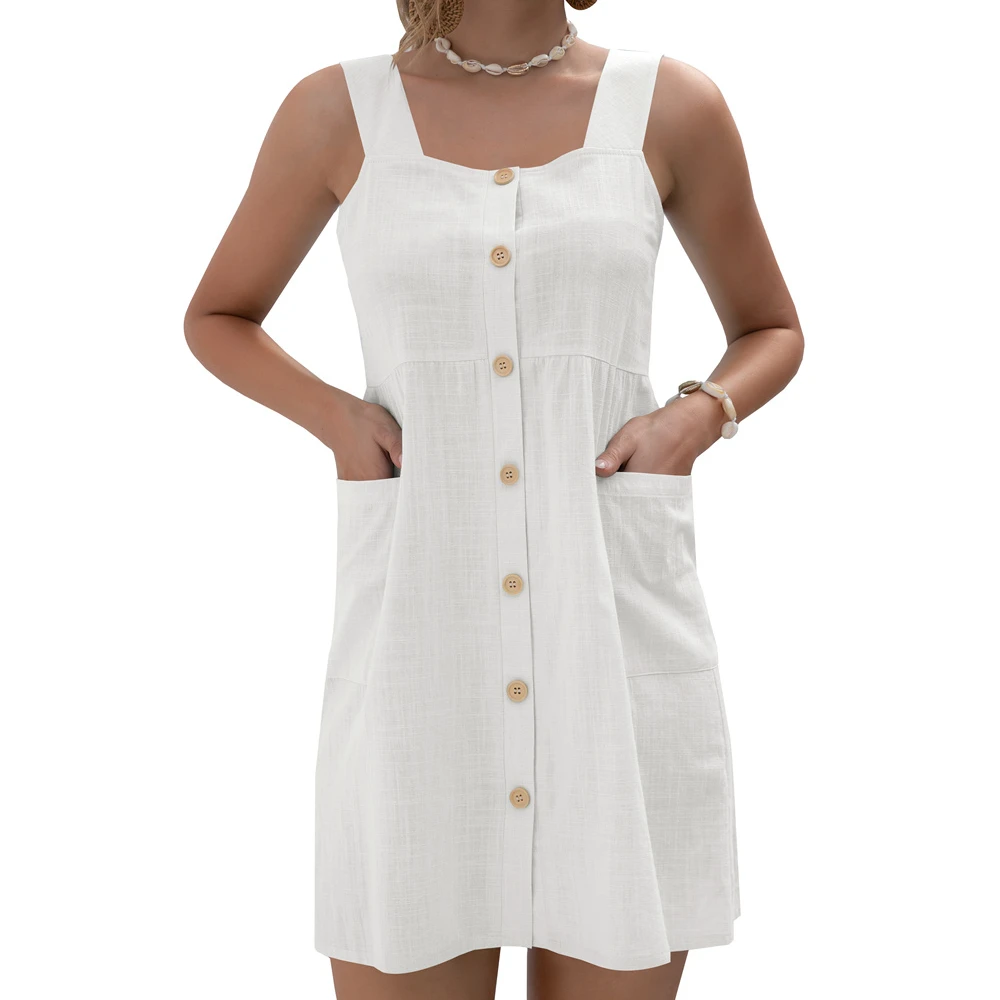 

2021 Summer retro sleeveless solid color single breasted sexy women white dress