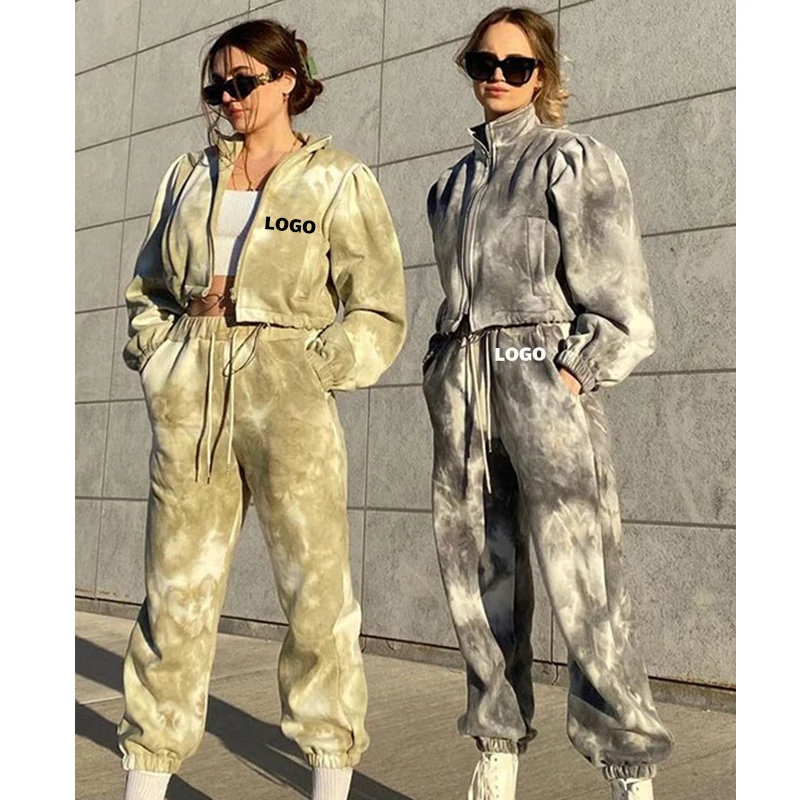 

Free Shipping Custom Wholesale Plain Tied Dyed Workout Crew Neck Sweat Suit High Quality Tracksuit Streetwear Womens Sweatsuit, Customized color