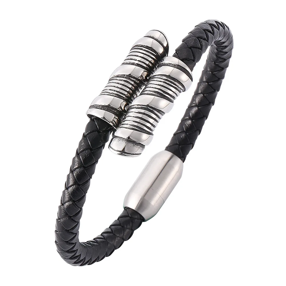 

New Arrival Double Bar Clip Stainless Steel Magnetic Clasp Genuine Black Leather Bracelet For Men