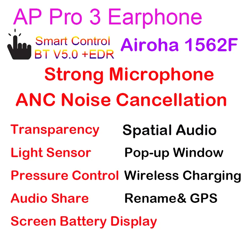 

Air 3 Pro TWS Real ANC Noise Cancelling Spatial Audio BT5.0 Wireless Earphones 1562F Headphones Earbuds BassGaming Headset