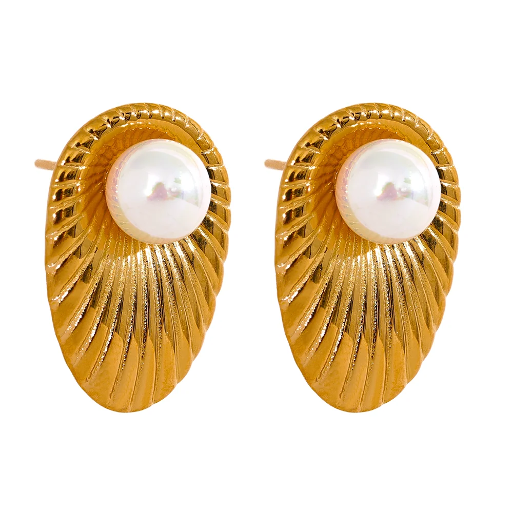 

JINYOU 2309 Elegant Shell Pearls Stainless Steel Oval Leaf Stud Earrings Golden Anti Allergic Fashion Daily Jewelry Bijoux Women