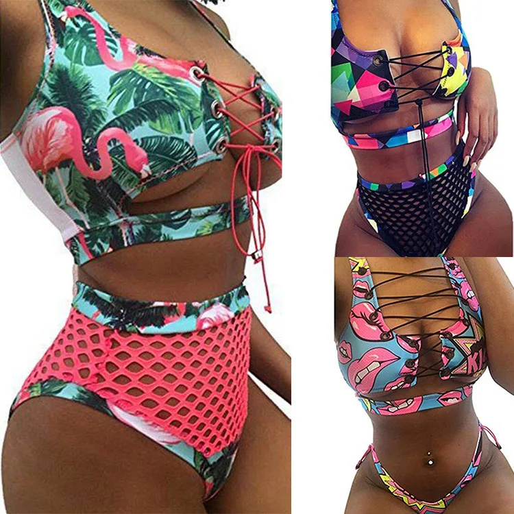 

2021 Sexy Women High Waist Bikini Swimsuit Two Piece Drawstring Tie Dye Swimwear Women Tie Dye Bikini