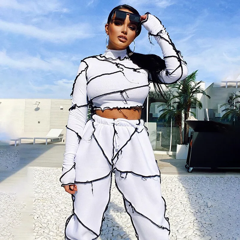 

Casual Euro Lines Patchwork Long Sweat Suits Track Suits Joggers Pants 2 Piece Set Fashion Drawstring Sweatpants Women -PT, White,orange