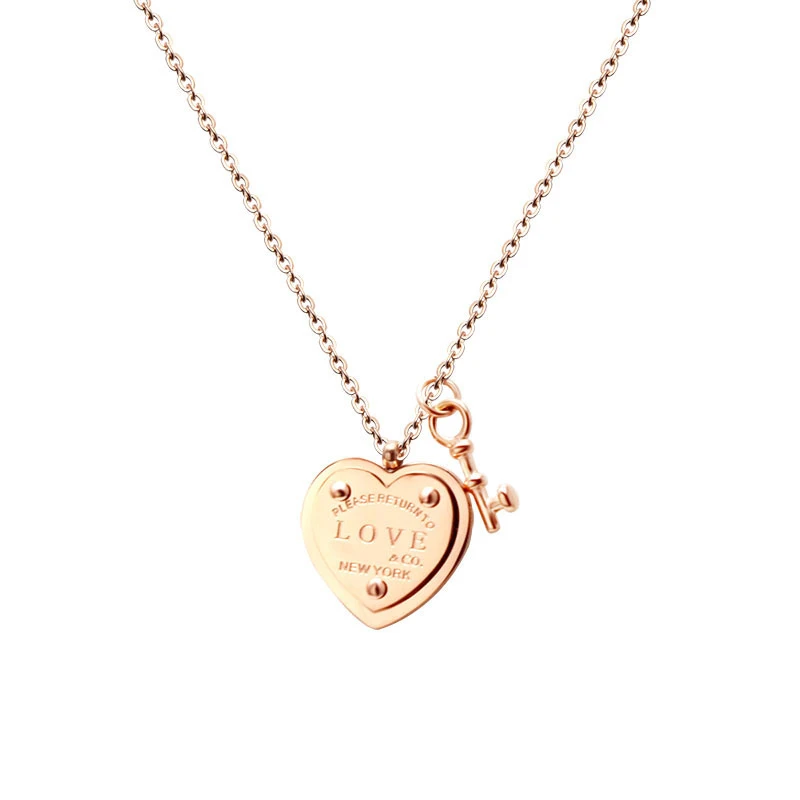 

Double Peach Heart Necklace Key Necklace Rose Gold Color Jewelry Stainless Steel Necklace For Women BSP246